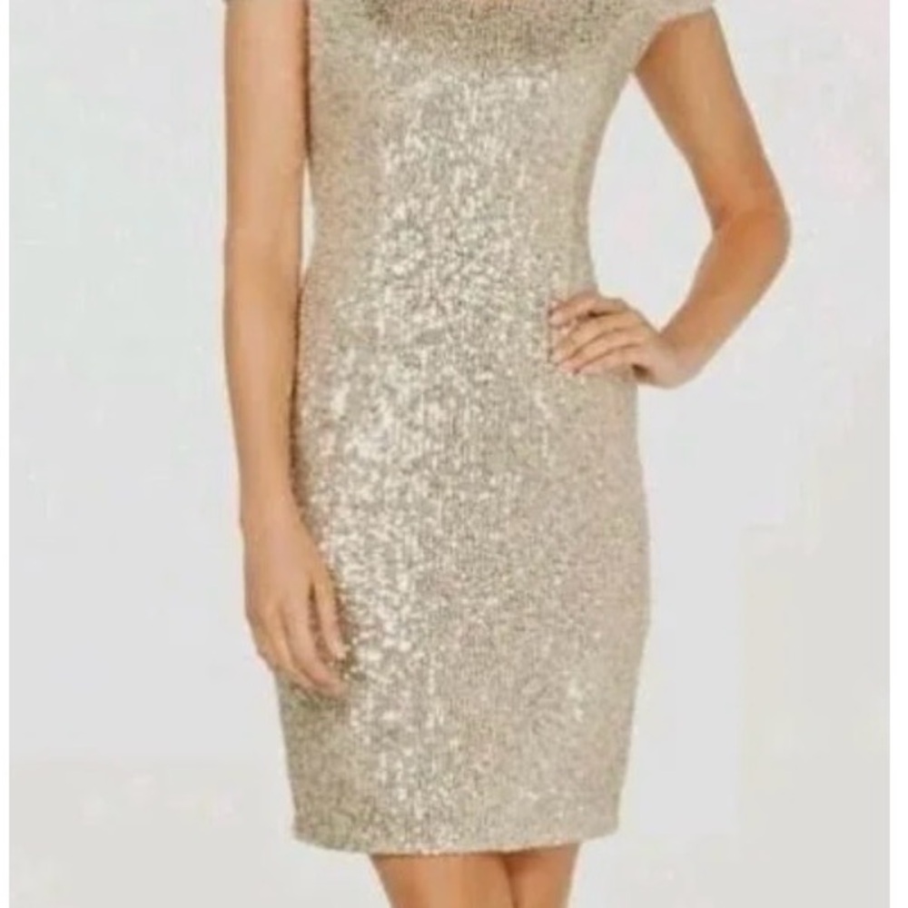 Calvin Klein Gold Sequin Cap-Sleeve Sheath Mini Dress